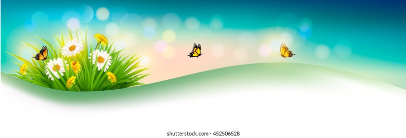 Natur-Sommerhintergrund mit Gras, Blumen und Schmetterlingen. Vektorgrafik.