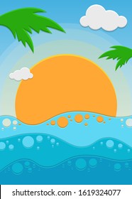 Nature summer background with sea, sky and sun. Vector design for template, cover, card
