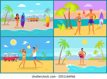Nature in summer collection, couple with ball, people drinking, summer resort, man with lifebuoy and woman holding surfing board vector illustration
