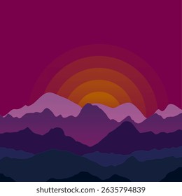 Nature summer evening landscape with mountain peaks. Mountains traveling vacation vector background. Concept outdoor design