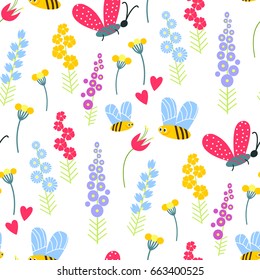 Nature summer flowers and bee insects illustration seamless pattern background floral vector