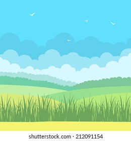 Nature summer landscape with green fields and blue sky