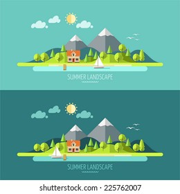 Nature - summer landscape. Vector illustration in flat design style.