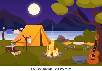 Nature summer night camp landscape with tents, campfire, backpack with lake and mountains on background. Vector cartoon landscape with mountain, forest and campsite. Equipment for travel.