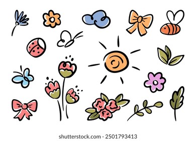 Naturaleza garabatos de verano o primavera. Vector conjunto de sol y nube, flores en flor y ramas. Mariposas y plantas voladoras, follaje y hojas, lazos y hojas. Pegatinas de Elementos dibujados