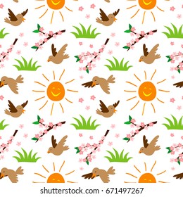 Nature summer sun and bird illustration seamless pattern background floral vector
