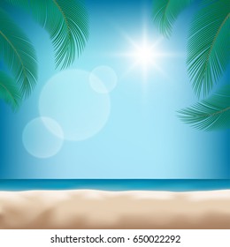 Nature summer tropical backgrounds with green palm leaf or coconut leaf on beach and  bright sun, sky, sea. Copy space of summer vacation and business travel concept.  EPS10 vector.