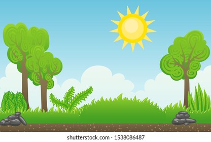 Nature summer vector landscape - bright sun and sky, green grass and trees, cartoon  forest style background, sunny day park illustration