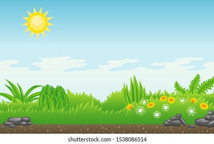 Nature summer vector landscape - bright sun and sky, green grass and trees, cartoon  forest style background, sunny day park illustration