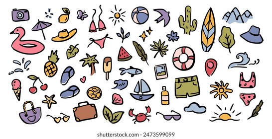 Nature and summertime holidays doodles. Vector isolated set of tropic fruits and trees, lifebuoy and camera, umbrella and surfing board, hat and sea or ocean wave. Pineapple and ice cream