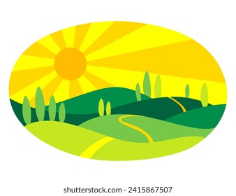Nature sun icon. Colorful summer landscape isolated for template emblem. Ecological or nature symbol on white. Sunny summer vector illustration