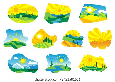 Nature sun icon set. Colorful summer landscape isolated for template emblem. Ecological or nature symbol on white. Sunny summer vector illustration