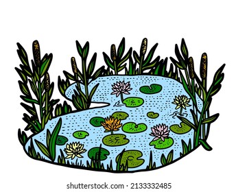 Nature, swamp. Sketch scratch board imitation color. Engraved illustration for and T-shirts or tattoo.