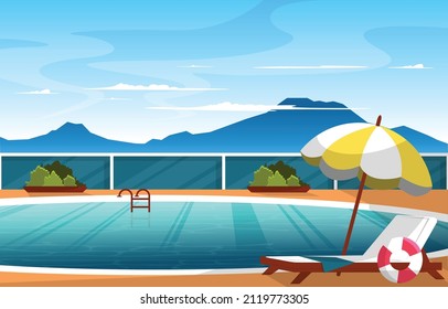 Nature Swimming Pool Summer Holiday Leisure Relaxation Flat Design Illustration