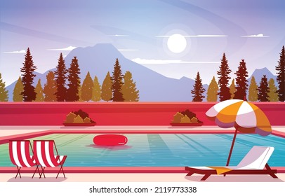 Nature Swimming Pool Summer Holiday Leisure Relaxation Flat Design Illustration