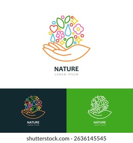 Nature symbol, earth planet on human hand. Logo icon, sign emblem design template. Vector linear style ecology and environment illustration. Skincare, organic cosmetics brand label, concept
