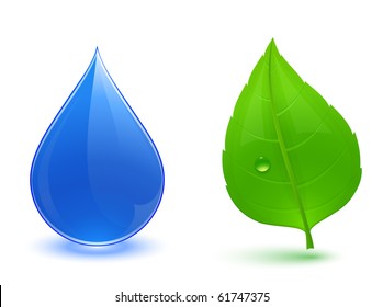 Nature symbols. Blue water drop and green leaf.