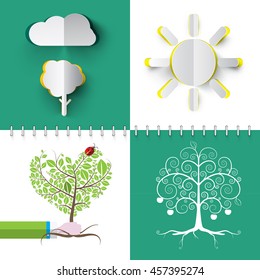 Nature Symbols Set. Vector Paper Cut Cloud, Tree and Sun. Human Hand Holding Heart Shaped Tree.