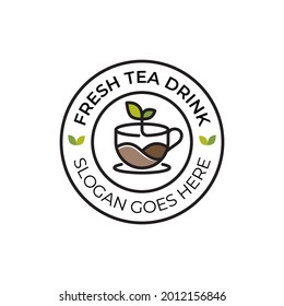 nature tea fresh drink or hot coffee  leaf line art badge logo for business cafe