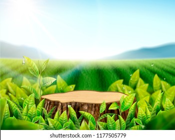 Nature Tea Garden Background With Leaves And Cut Tree Trunk In 3d Illustration