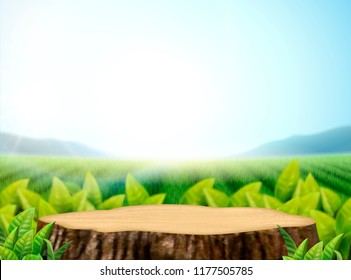 Nature tea garden background with leaves and cut tree trunk in 3d illustration