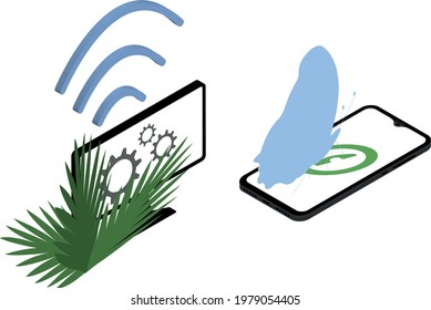 nature and technology a computer with wifi in palm leaves and a smartphone with a butterfly sitting on it