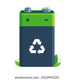Nature - Technology – Eco-Friendly Power and Waste Management Concepts – Flat Illustration Featuring a Green and Grey Rechargeable 9 Volt Battery with the Recycling Symbol at its Center