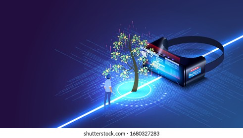 Nature and technology interaction. Tree with futuristic element. Virtual digital biotechnology tree engineering concept. VR helmet reality Futuristic technology with the concept of natural resources.