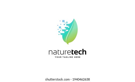 Nature technology logo design, leaf technology logo design, leaf pixel logo, eco technology, nano technology