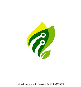 Nature Technology Logo. Friendly Technology Logo. Leaf With Electronic Circuit Icon