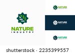 Nature technology logo, leaf and gear machine vector, Agriculture logo template icon, Green Eco Tech Logo Template Design Vector, Nature Industry