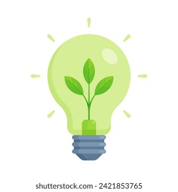 Nature – Technology – Renewable Energy, Eco-Friendly Design, Innovation, and Sustainability Concepts – Flat Illustration Featuring a Green Light Bulb with a Small Green Plant Inside