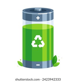 Nature - Technology – Renewable Energy, Eco-Friendly Power, and Waste Management Concepts – Flat Illustration Featuring a Green and Grey Rechargeable Battery with the Recycling Symbol at its Center