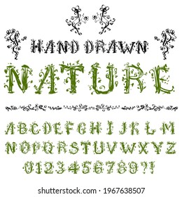Nature theme hand drawn pencil sketched font:  characters like  trees with leaves, vector illustration