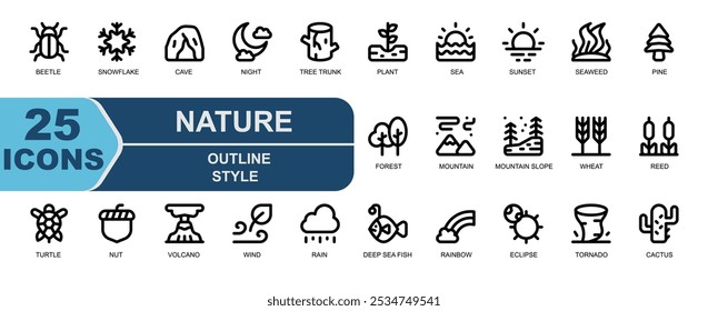 Contiene iconos de la planta, la vegetación, el mar, la puesta del sol, las algas marinas, el pino, el árbol, el bosque, la ladera de la montaña, la montaña, la aurora, el pie de la montaña.