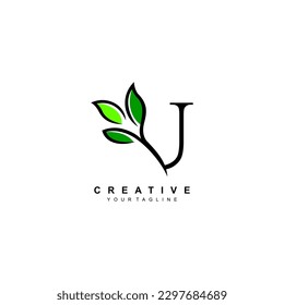 Nature theme letter U logo design with leaves vector. U nature. U leaf logo, suitable for nature business logos, nature ecology logo symbols, health logos, leaf logos, etc.
