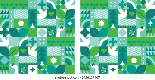 Nature themed graphic illustration - abstract botanical theme, green planet and sustainability for background or geometrical art