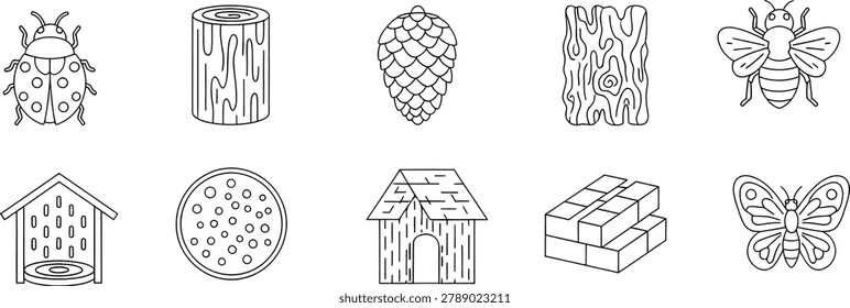 Nature themed hand drawn icon collection with insects wood textures garden items