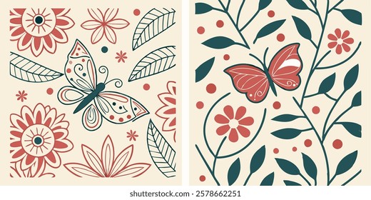 Nature themed template with butterflies, flowers and plants