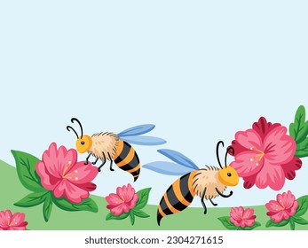 Nature themed vector illustrative background with bees and flowers decorations isolated on sky blue horizontal landscape wallpaper. Empty copy space vector backdrop for social media post or poster.