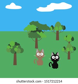 In nature, there are two cats among the trees, one red, the other black, the sky with clouds, vector drawing.