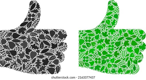 Nature thumb up icon mosaic of floral leaves in green and natural color shades. Ecological environment vector concept for thumb up icon. Thumb up vector image is organized from green floral icons.