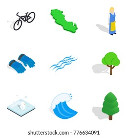 Nature time icons set. Isometric set of 9 nature time vector icons for web isolated on white background