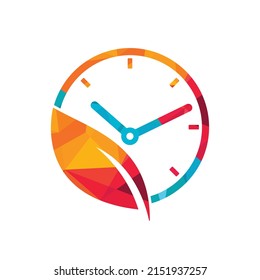 Nature time vector logo design. Vector clock and leaf logo combination.