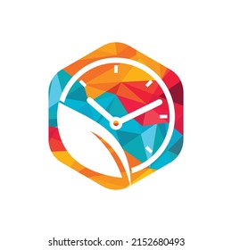 Nature time vector logo design. Vector clock and leaf logo combination.