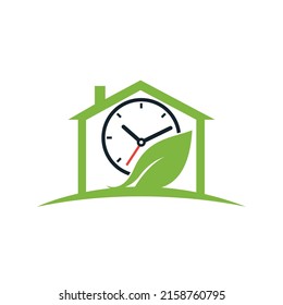Diseño del logotipo vectorial en tiempo natural. Reloj vectorial y combinación de logotipo de hoja.	
