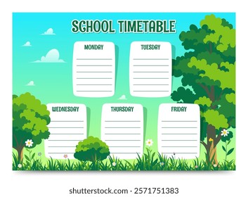 Nature Timetable Vector Background with vibrant green landscape and clear sections for each day of the week