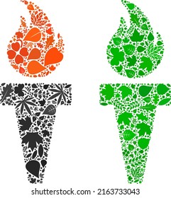 Nature torch fire icon composition of herbal leaves in green and natural color tones. Ecological environment vector template for torch fire icon.