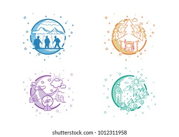 Nature Tourism, Camping or Hiking Design Concept Icon Set. Vector, Illustration