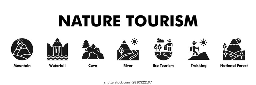 NATURE TOURISM web banner icon vector illustration concept with icon of Mountain, Waterfall, Cave, River, Eco Tourism, Trekking, National Forest